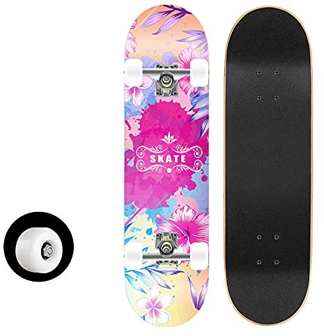 Skateboard Rose Rote Blume Skateboard Kinder ab 8 Jahre 80x20cm 7-Lagigem Ahornholz Longboard Double Kick Komplett für Anfänger Jungen Mädchen Erwachsene Profi Penny Board