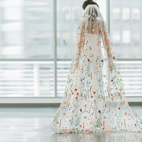 TEWAX Brautschleier mit bunten Blumen, Spitzenschleier, Boho-Blumenstickerei, Schleier, Gesicht, Kathedrale, Hochzeitsschleier, Hochzeit, Hochzeit, Heirat, Zubehör