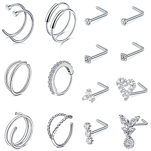 Rajnard 16PCS 316L Chirurgenstahl Nasenring Ohrstecker 20G Silber L-Form Nasenschraube Nasenbügel Ringe für Frauen Mädchen Edelstahl Nasenloch Piercing Schmuck