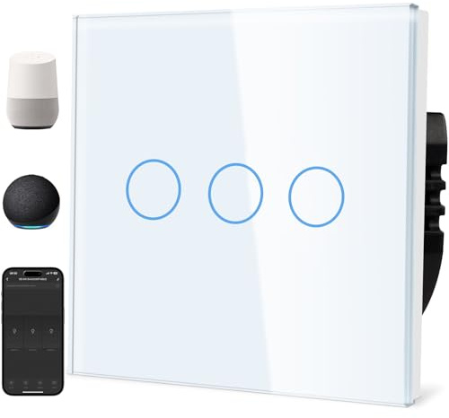 TAWOIA Smart Alexa Lichtschalter (Neutralleiter erforderlich), Wlan Lichtschalter mit Glasscheibe, Sprachsteuerung für Alexa, kompatibel mit Smart Life und Tuya App 3Fach 1Weg Weiß