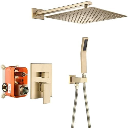Flush-Mounted Shower Fitting Set, Brushed Gold Brass Wall Mounted Two Functions Bathroom Shower Tap, with 8-12 Square Rainfall Shower System Rain Shower Without Fitting, with Valve Body, Brushed Nick