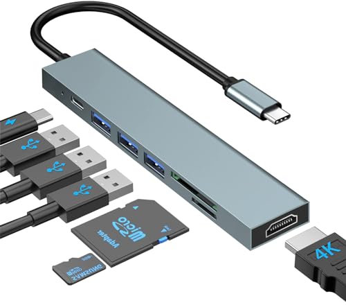 USB C Hub 7 in1 Multiport Adapter with USB-C to 4K HDMI, SD/TF Card Reader/1*USB 3.1/2*USB 2.0/1*Type C 100W Power Delivery, Compatible with MacBook Pro 2022/2021/2020/2019, Surface Book More