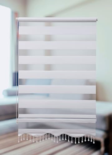 PlisseeOnline Doppelrollo Klemmfix ohne Bohren Weiß mit Perlen Duo Rollo für Fenster und Türen Plissee Rollo Gardine 50 x 150 cm Blickdicht Klemmrollo mit Perlen Seitenzugrollo