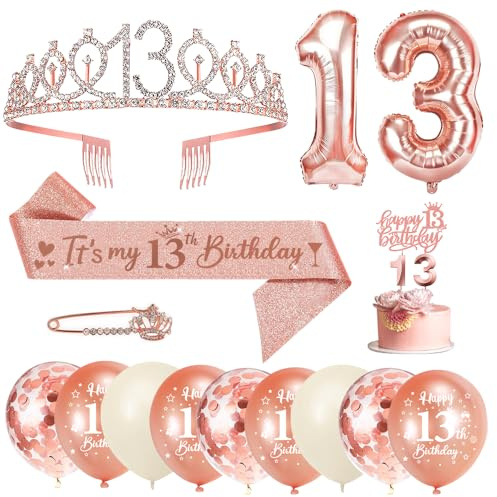 13. Geburtstag Mädchen Deko Set, Krone Schärpe Ballons Set | Geburtstagsdeko zum 13. Geburtstag mit Tiara, Schärpe, Ballons, Zahlenkerze 13 und Tortendeko für Mädchen Kinderparty