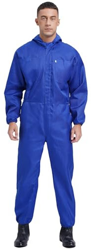 MSemis Herren Langarm Arbeitsoverall Druckknopf Kapuzen-Coverall Einteiler Jumpsuit Latzhose Ganzkörperanzug mit Große Taschen Arbeitsanzug Blau XL