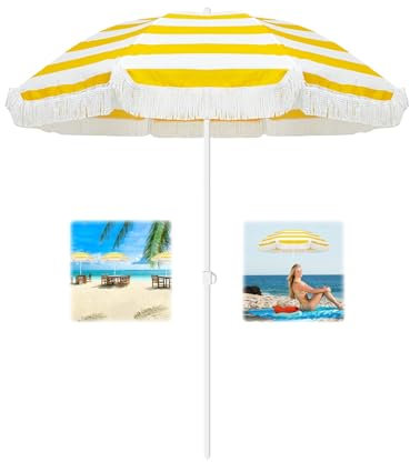 ELZEM Sonnenschirm Groß 180cm 8 Rippen Gelb Gartenschirm Mit Quasten Strandschirm Uv Schutz Marktschirm Neigbar Terrassenschirm Wasserdicht Für Balkon Garten Terrasse Strand/höhenverstellbar
