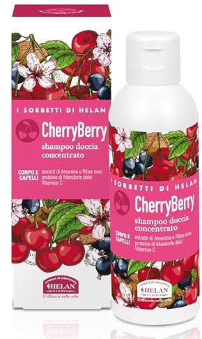 Helan I Sorbetti CherryBerry - Shampoo e Bagnoschiuma Uomo e Donna Concentrato con Vitamina C, Mandorle Dolci e Ribes Nero, Docciaschiuma Gel Delicato Corpo e Capelli con Ingredienti Naturali, 150 ml