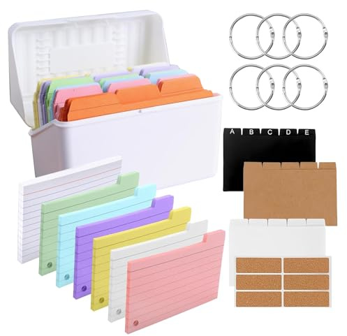 RISAKOGO Karteikarten Box,245Karteikarten +6 Ringen+ 6 Aufkleber Lernkarten Karteikarten für Unterwegs Lernen Notizen Schulsachen Büro Zuhause