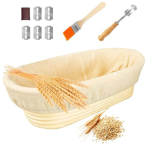 DeJivsin Cestino Lievitazione Pane Ovale Set, 25 cm Cestino Pane Lievitazione, Set di Cestini per la Fermentazione da 1 kg, Set con Spazzola, Coltello da Pane, Panno di Lino, il Pane Proofing