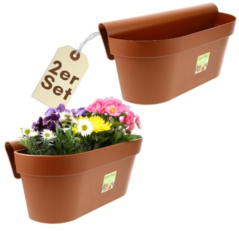 GarPet 2er Set Geländerkasten Balkon mit Wasserspeicher Blumentopf Zaun Blumenkasten Geländer Balkontopf Balkonkasten Blumenkasten Balkongeländer Pflanzkasten Terracotta