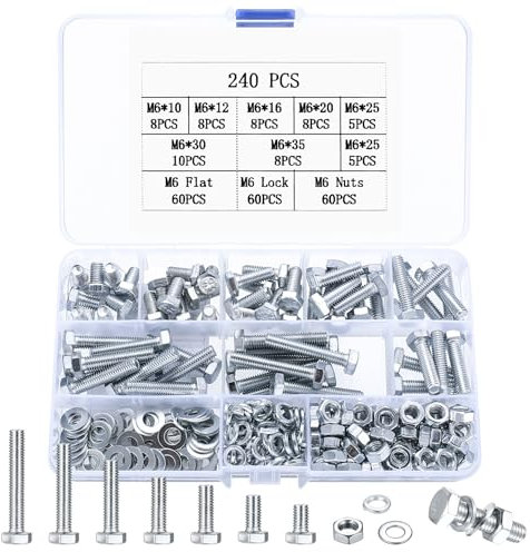 240 Stück M6 Schrauben Set, Sechskantschrauben Muttern Set, Sechskant Schrauben und Muttern Set mit Unterlegscheiben Set, Gewindeschrauben mit Muttern Set, Maschinenschrauben Sortiment