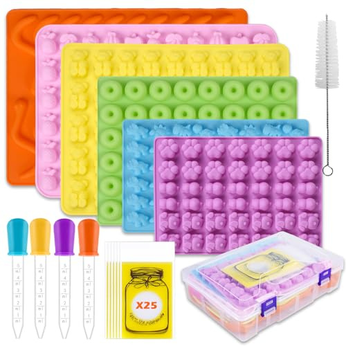 Gummy Bear Molds Silicone 37PCS Set,Nonstick Candy Mold Including Worm,Bear, Mini Dinosaur, Animals, Fruits and Mini Donut Molds,With 4 Droppers, Brush, Storage Box, 25 Wrappers