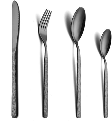 COPOTIO Ensemble Couverts de table noir 6 personnes, Acier inox 24 pièces, avec cuillère couteau fourchette, Design en pierre