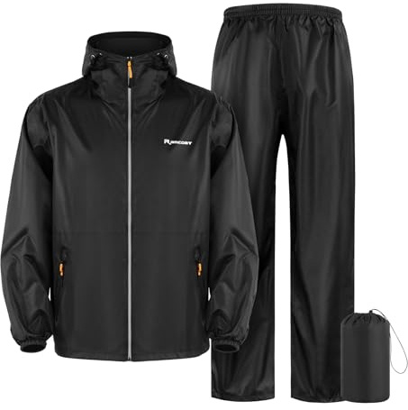SOPPY Waterproof Rainsuit Jacket Pants Suits for Men Women, Hooded Rain Jacket Waterproof Rain Coat with Trousers, Packable Raincoat Sets with Carrying Bag for Fishing Hiking Camping, Black