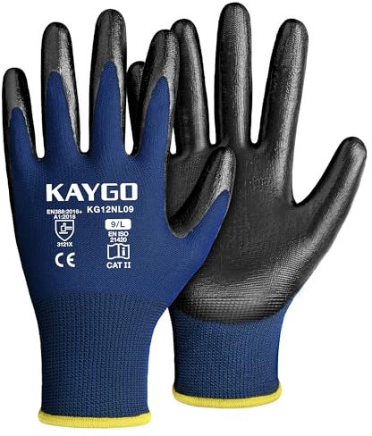 KAYGO 12 pares de guantes de trabajo recubiertos de nitrilo, buena fuerza de agarre, para uso general, albañilería, almacén, automóvil, montaje, jardinería, KG12N (Azul, L, Talla 9)
