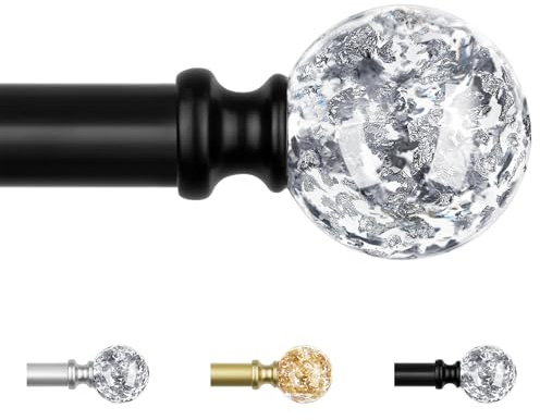 KAMANINA Barra de Cortina con Soportes 80 a 148 cm, Negro Barra para Cortinas Extensible con Remates de Cristal para Salón Dormitorio