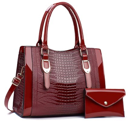 NICOLE & DORIS Sac à Main Femme Sac Fourre Tout Moyen Sac Bandoulière Cuir Verni Sac D'épaule Sac Ensemble avec Portefeuille pour Travail Shopping Voyage
