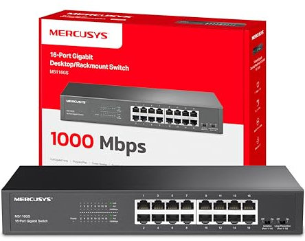 TP-Link Mercusys MS116GS Switch Gigabit 16 Porte, Montaggio Desktop o Rack, Plug & Play, Priorità del Traffico, Prevenzione Loop, Modalità di Isolamento, Funzionamento Silenzioso, Case in Metallo
