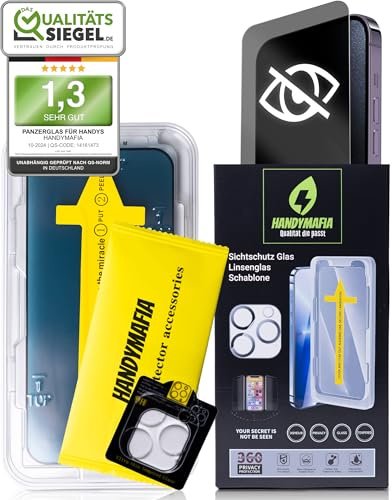 HANDYMAFIA Anti Spy Schutzfolie 360 Grad Privatsphäre für iPhone 14 Pro Max, für Panzerglas Sichtschutz aus H9 Hartglas, Laser Präzisionstechnologie, Displayschutz mit Montage Set