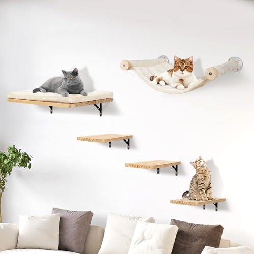 Sofoteaful Juego de Pared de Escalada para Gatos con Hamaca, Escalera, 5 Piezas, Madera Maciza Beige