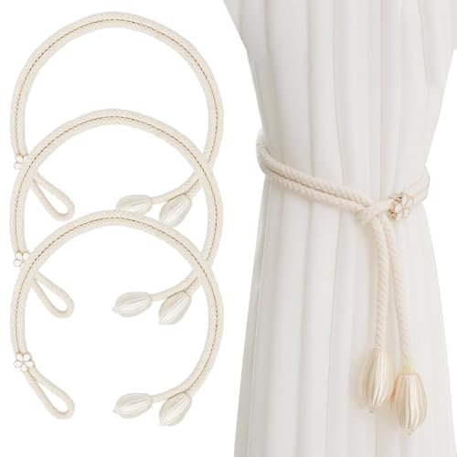 4 Stück Vorhang Raffhalter, Raffhalter für Vorhänge, Seil Curtain Rope Buckle, Handgestrickte Baumwolle Gardinen Raffhalter, Vorhangbinder, Gardinen Raffhalter für Haus Office, Wohnzimmer
