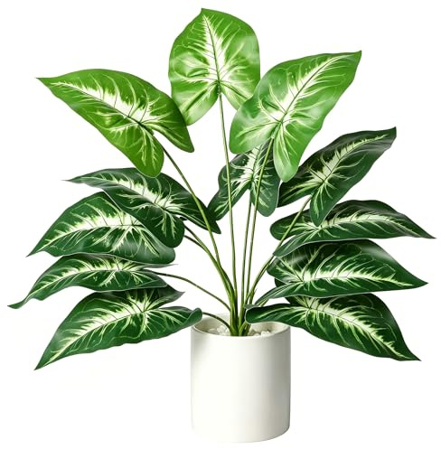 Floralsecret Fake Plants in Ceramic Pot, 13.7 Small Artificial Potted Plants – Realistic Faux Plant with White Planter for Indoor Home Office Desk Table Bathroom Bedroom Decor (Sea Taro Leaves)