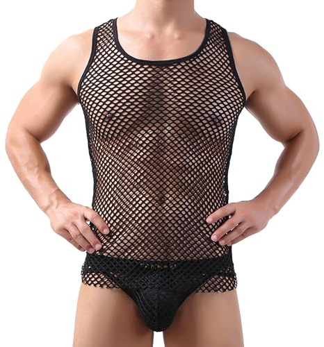 Gilet en Résille Homme Débardeur Filet Transparent Sexy Haut en Maille sans Manches Respirant Hommes pour Fête Sport Night-Club
