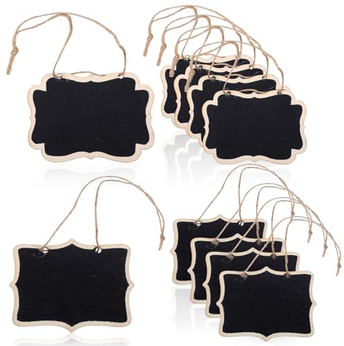 TIESOME Lot de 10 mini tableaux noirs en bois, 2 styles, étiquettes réutilisables avec fil de suspension, étiquettes à message personnalisables pour fête de mariage, bouteille de vin, buffet