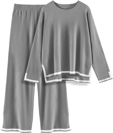 Yuson Girl Conjunto Punto Mujer 2 Piezas Manga Larga Color Sólido Conjunto Mujer Vestir Dos Piezas Otoño Cuello Redondo Top y Pantalon Deportivo Suelto Conjuntos de Salón(Gris, L)