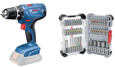 Bosch Professional 18V System Cordless Drill Driver GSR 18V-21 (max. Torque: 55 Nm, Without Battery/Charger) + 43x Extra Hard Screwdriver Bit Set (197 x 110.5 mm, Accessories)