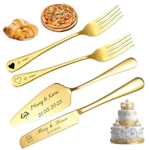 FKF Couteau à Gâteau Mariage Personnalisé - Ensemble Couteau et Pelle en Acier Inoxydable Gravure - Anniversaire Fiançailles Cadeau (Or)