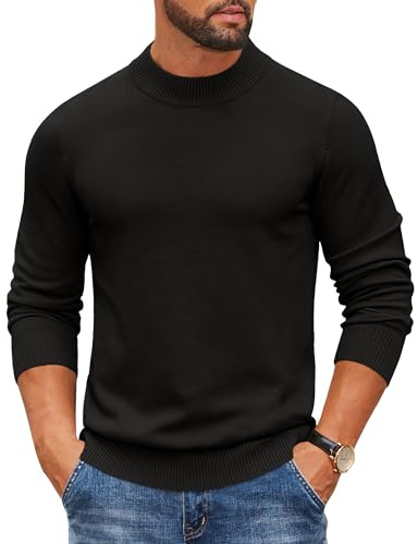 COOFANDY Herren Pullover Rundhals Strickpullover Rollkragenpullover Rollkragenshirt Langarm Gestrickt Mock Turtleneck Sweater Schwarz L