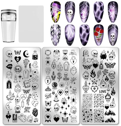 PH PandaHall 3pcs Halloween Nail Stamping Plates Skull Spider Nail Art Stencil Flame Ghost Nails Art Templates Gothic Horror Style Nails Stamper Plate for Manicures Salon DIY Printing Design