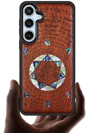 Carveit Designer Wooden Case for Samsung Galaxy S24 FE Case Cover [Wood Engraving & Shell Inlay] Compatible with Wireless Chargers S24 FE Cover (Archangel Solomon's Seals-Rosy)