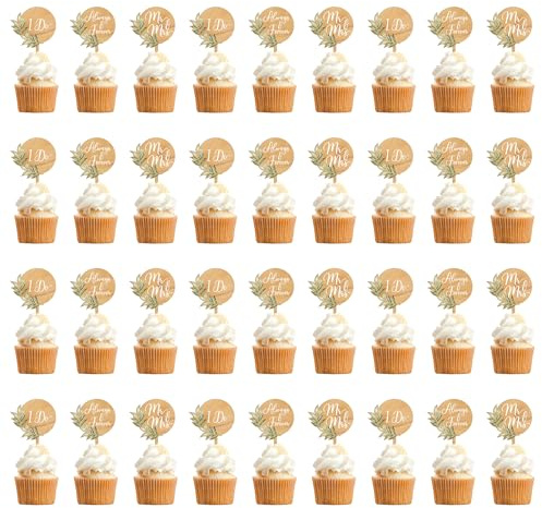 Party to Be 36 PCS Mr & Mrs Wedding Cupcake Toppers Green in Wood Wedding Cake Cupcake Decorations
