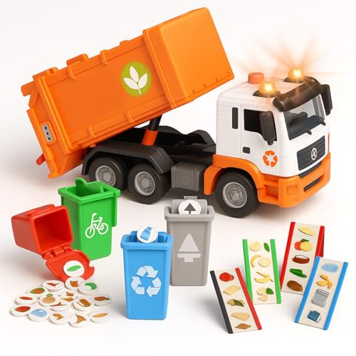 Toyana Kids Garbage Truck Toys with 4 Bins, Interactive Lights & Sounds, Educational Recycling Garbage Truck, Push and Go Dustbin Lorry, Toy Vehicle Gift Playset for Children 3+ Years