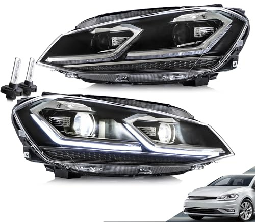 VLAND Faros para Golf 7.5 MK7.5 Halógeno modelo base 2017-2020 (No para GTI/Xenon], con intermitente secuencial - Raya plateada (con bombillas de xenón D2h)