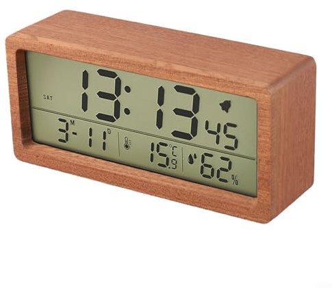 Emiif Digitaler Wecker aus Holz mit Temperatur- und Feuchtigkeitsanzeige, 12/24-Stunden-Format, Hintergrundbeleuchtung und Schlummerfunktion (Braun)