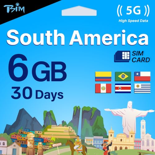 TSIM SIM Sudamérica 30 días | 6GB Internet 5G/4G/LTE (Compartir Datos Permitido) | Funciona en Brasil, Chile, Colombia, Perú, Uruguay y Costa Rica | Red 5G Amplia cobertur