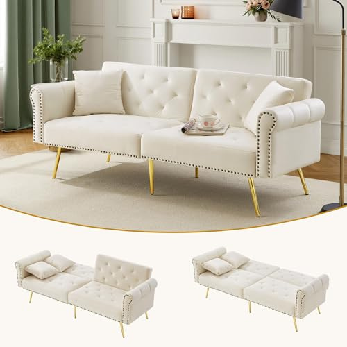 Kebnor Modernes 2-Sitzer-Schlafsofa – Samtbezug, Rückenlehne mit 3-stufiger Verstellung & vergoldete Metallfüße Stilvolles Sofa mit Schlaffunktion – platzsparend, belastbar, ideal für kleine Räume