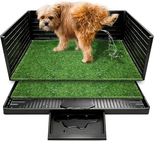 Dog Toilet Tray with Grass, 30 x 20 in Indoor Puppy Potty with 3-Sided Splash Guard, Drainage Layer & Urine Collection Base, 2 Reusable Artificial Grass Mats for Puppies, Small Dogs