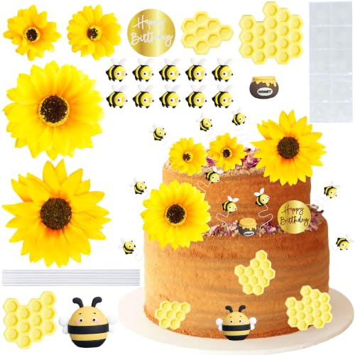 Gyufise 21Pcs Bee Cake Toppers Honey Jar Cake Topper Honeycomb Sunflower Happy Birthday Cake Decorations for Baby Shower Bee Theme Birthday Party Decoration Supplies
