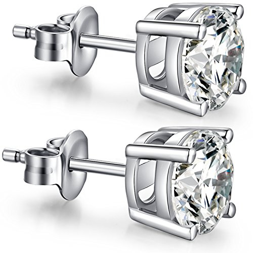 White Gold Earrings for Men Women Diamond Stud Earrings Silver Earrings Set Cubic Zirconia Earrings Sterling Silver Studs CZ Diamond Earrings for Men Hypoallergenic Ear Studs 8mm