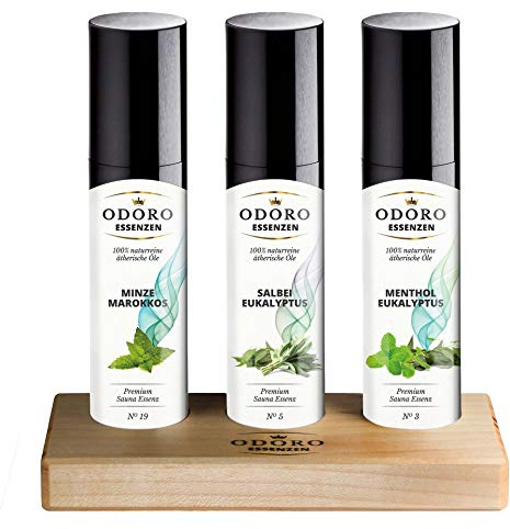 Saunaaufguss Duft Set m. Holz Ständer - 100% ätherische Öle – Salbei Eukalyptus, Minze, Menthol – Premium Aufguss Konzentrat Geschenk-Set – Natürliches Aufgussmittel, naturrein, hohe Qualität