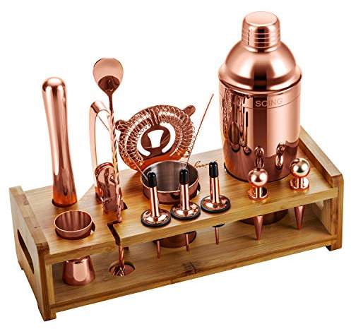 Soing Juego de coctelera de cobre rosa de 24 piezas, kit perfecto para mezclar bebidas, herramientas de barra de acero inoxidable con soporte, bolsa de transporte de terciopelo y recetas incluidas