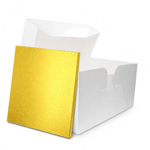 LARRYROO Square Colour Cake Drum Board & White Box + Lid Combo Pack for Wedding, Birthday Cakes (Gold, 12 Inches)