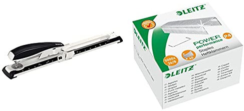 Leitz Langarm-Büroheftgerät aus Metall, Für 40 Blatt, Inkl. Heftklammern, Schwarz, NeXXt-Serie, 55600095 & Power Performance Heftklammern P4 (26/8), Verzinkt, Box mit 5000 Heftklammern, 55590000