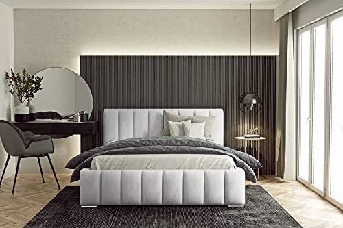 WFL GROUP Samtstoff Polsterbett Doppelbett Komplett 140x200 160x200 180x200 cm Bettgestell Mit Bettkasten Lattenrost und Kopfteil - Hydrophobe Stoff - Hellgrau - 140 x 200 cm