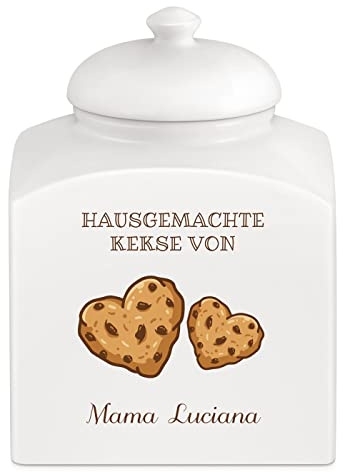 Maverton Keramik Keksdose mit Aufdruck - Vorratsbehälter mit Deckel - Vorratsglas personalisiert - Gebäckdose für Frauen zum Geburtstag - Keksglas für Naschkatze - weiß - hausgemacht