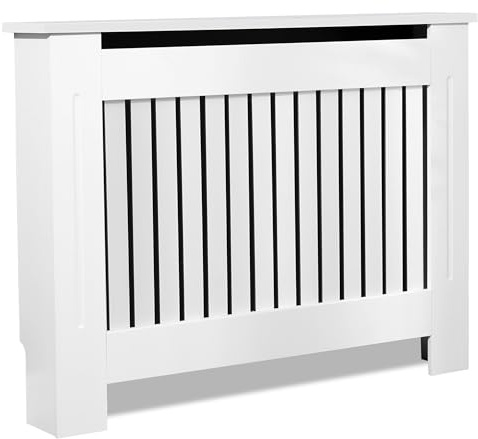 Radiator Cover Medium, White Radiator Cover, Vertical Slatted Modern Radiator Covers MDF Wood Cabinet Shelf Heating Covers For Living Room, Hallway (19D x 111.5W x 83.5H CM)